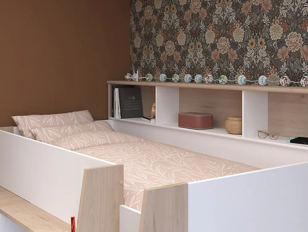 Vente-unique Lit combiné 90 x 200 cm avec bureau et rangements - Blanc et naturel - APOLINO*Enfant Lit Enfant