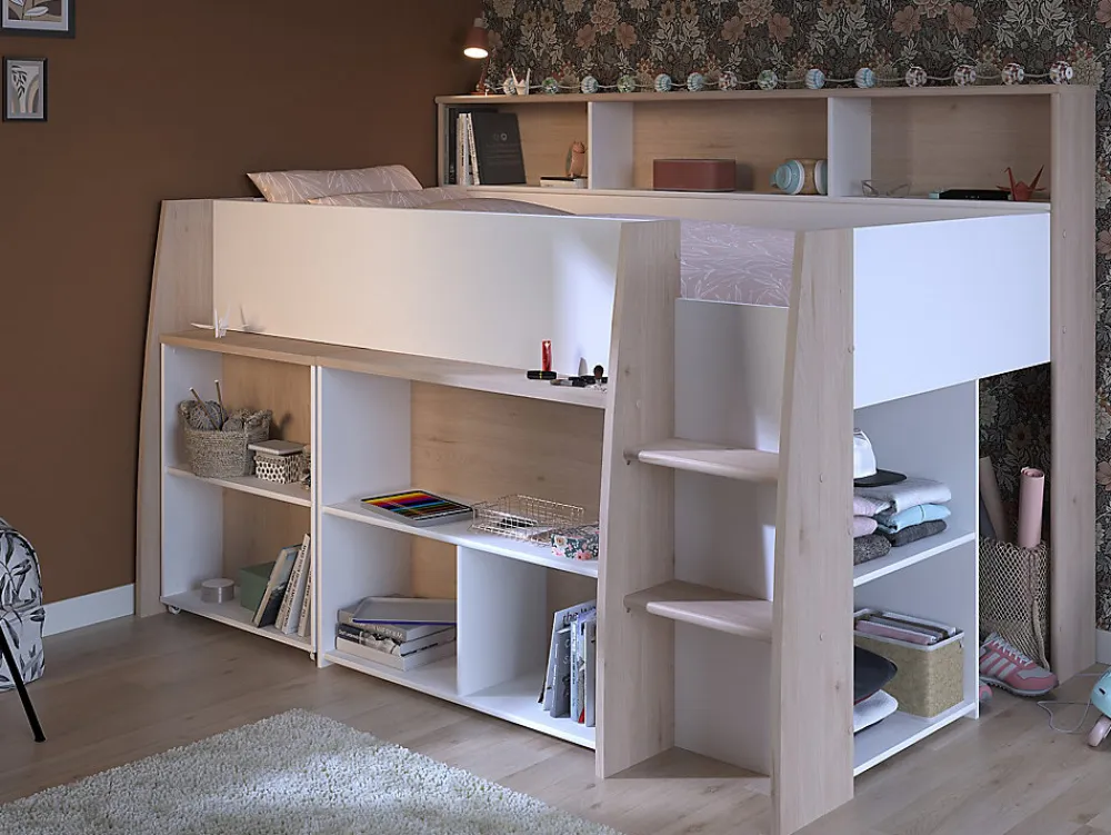 Vente-unique Lit combiné 90 x 200 cm avec bureau et rangements - Blanc et naturel - APOLINO*Enfant Lit Enfant