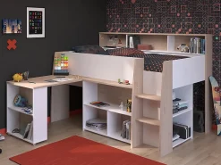 Vente-unique Lit combiné 90 x 200 cm avec bureau et rangements - Blanc et naturel - APOLINO*Enfant Lit Enfant