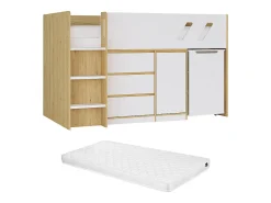 Lit combiné 90 x 190 cm avec bureau et rangements - Coloris : Naturel et blanc + Matelas - SAGITI>Vente-unique