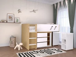 Lit combiné 90 x 190 cm avec bureau et rangements - Coloris : Naturel et blanc + Matelas - SAGITI>Vente-unique