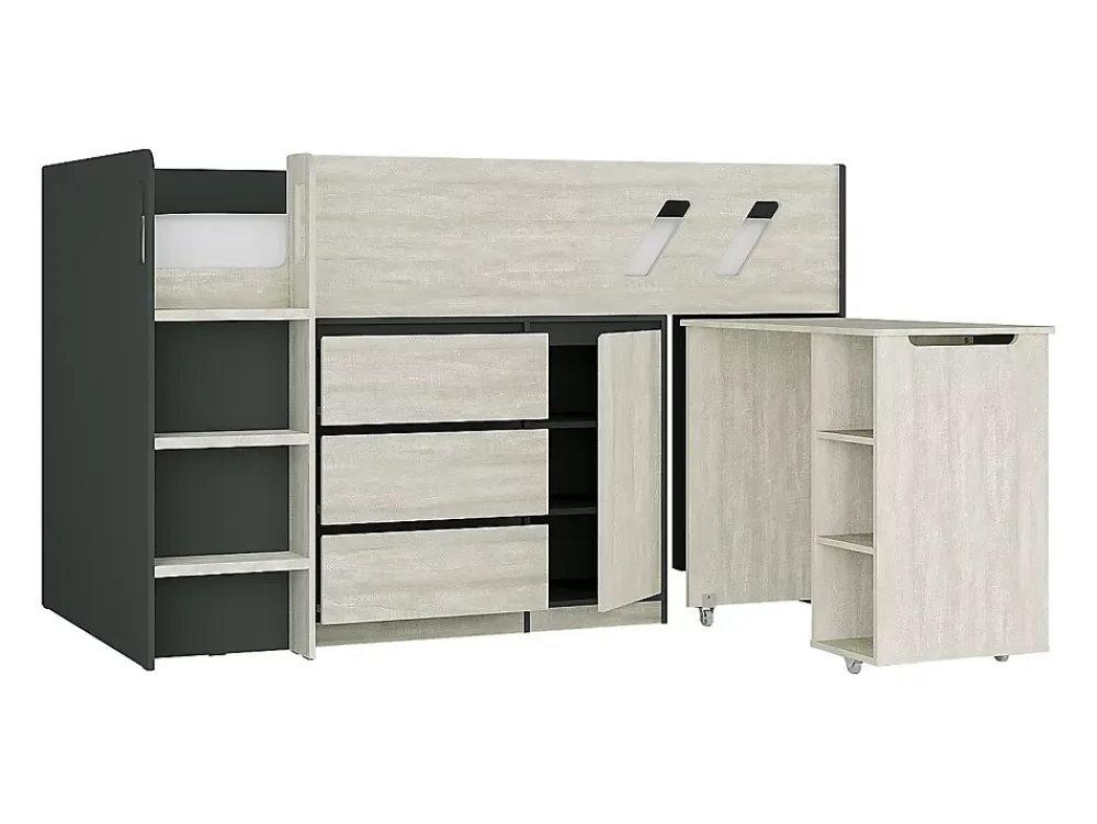 Vente-unique Lit combiné 90 x 190 cm avec bureau et rangements - Coloris : Anthracite et naturel grisé - SAGITI*Enfant Lit Enfant