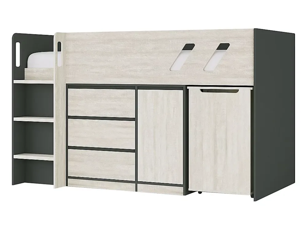 Vente-unique Lit combiné 90 x 190 cm avec bureau et rangements - Coloris : Anthracite et naturel grisé - SAGITI*Enfant Lit Enfant