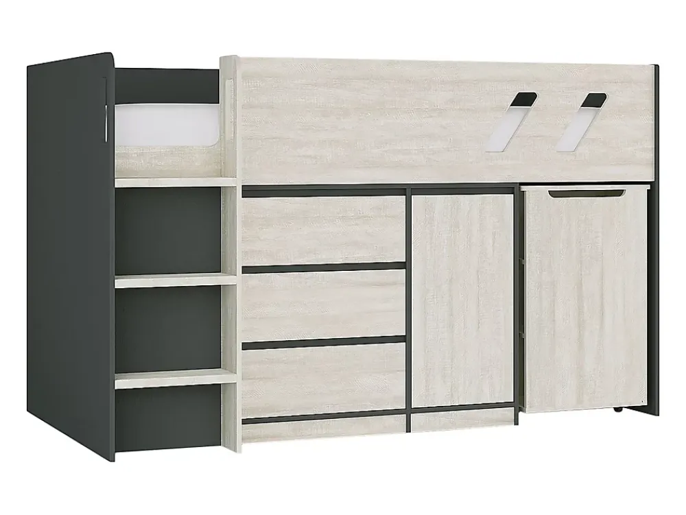 Vente-unique Lit combiné 90 x 190 cm avec bureau et rangements - Coloris : Anthracite et naturel grisé - SAGITI*Enfant Lit Enfant