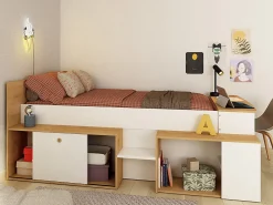 Lit combiné 90 x 200 cm avec bureau et rangements - Blanc et naturel - PALOMA><noscript><img width=