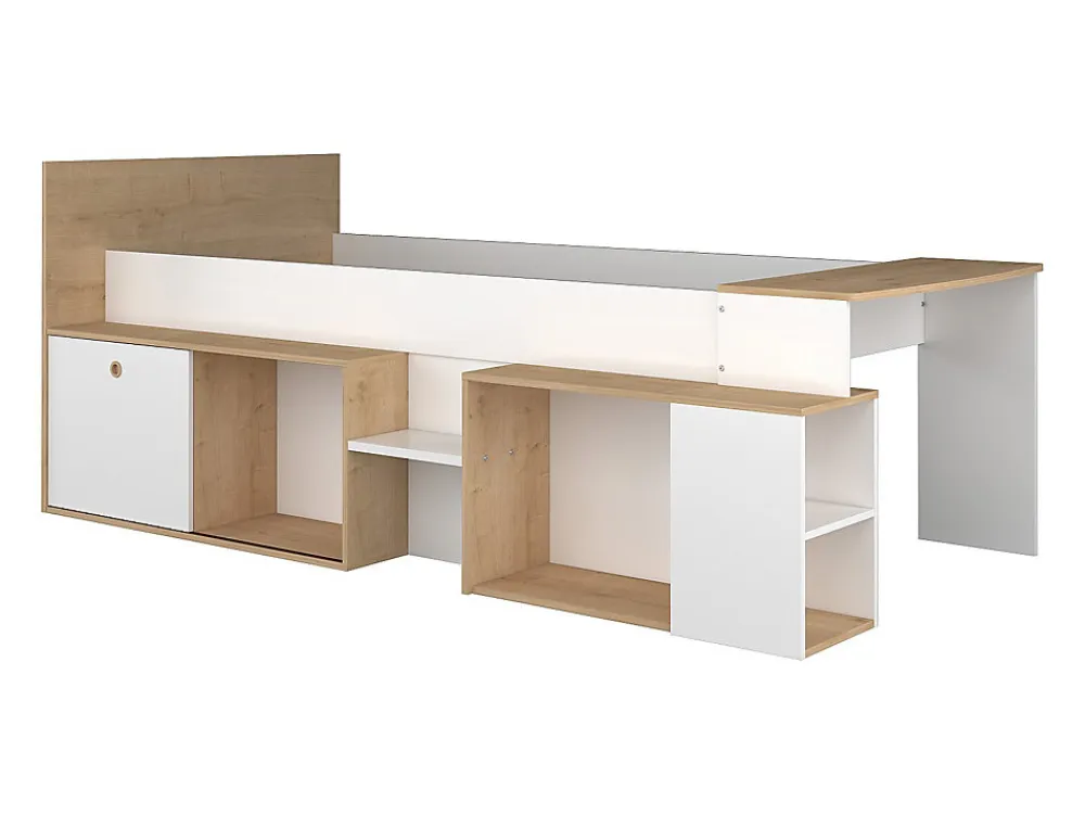 Lit combiné 90 x 200 cm avec bureau et rangements - Blanc et naturel - PALOMA>Vente-unique Online