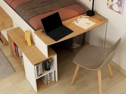 Lit combiné 90 x 200 cm avec bureau et rangements - Blanc et naturel - PALOMA><noscript><img width=
