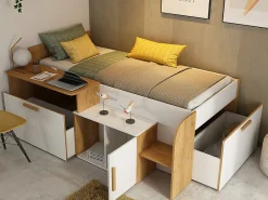 Lit combiné 90 x 200 cm avec bureau et rangements - Coloris : Blanc et naturel - PEDRO>Vente-unique Best