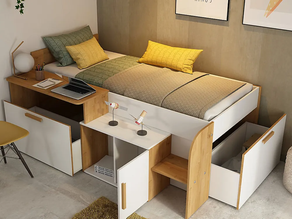 Lit combiné 90 x 200 cm avec bureau et rangements - Coloris : Blanc et naturel - PEDRO>Vente-unique Best