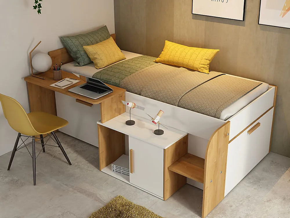 Lit combiné 90 x 200 cm avec bureau et rangements - Coloris : Blanc et naturel - PEDRO>Vente-unique Best