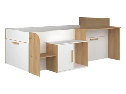 Lit combiné 90 x 200 cm avec bureau et rangements - Coloris : Blanc et naturel - PEDRO><noscript><img width=