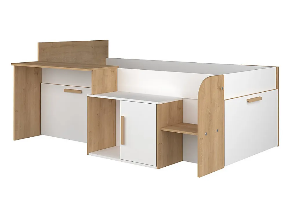 Lit combiné 90 x 200 cm avec bureau et rangements - Coloris : Blanc et naturel - PEDRO>Vente-unique Best