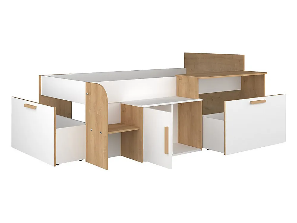 Lit combiné 90 x 200 cm avec bureau et rangements - Coloris : Blanc et naturel - PEDRO>Vente-unique Best