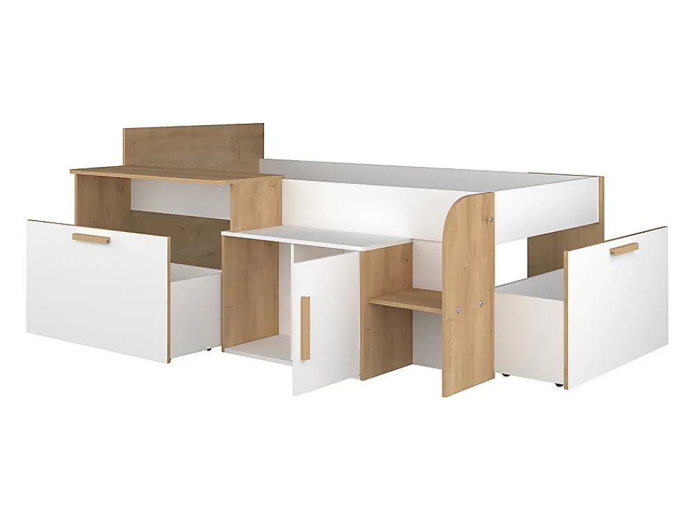 Lit combiné 90 x 200 cm avec bureau et rangements - Coloris : Blanc et naturel - PEDRO>Vente-unique Best
