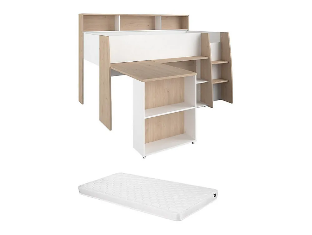Lit combiné 90 x 200 cm avec bureau et rangements - Blanc et naturel + Matelas - APOLINO>Vente-unique Outlet