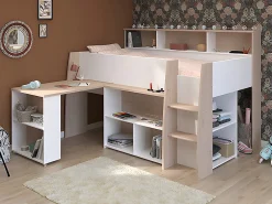 Lit combiné 90 x 200 cm avec bureau et rangements - Blanc et naturel + Matelas - APOLINO>Vente-unique Outlet