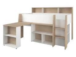 Lit combiné 90 x 200 cm avec bureau et rangements - Blanc et naturel + Matelas - APOLINO><noscript><img width=