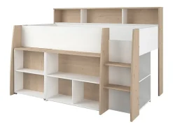Lit combiné 90 x 200 cm avec bureau et rangements - Blanc et naturel + Matelas - APOLINO><noscript><img width=