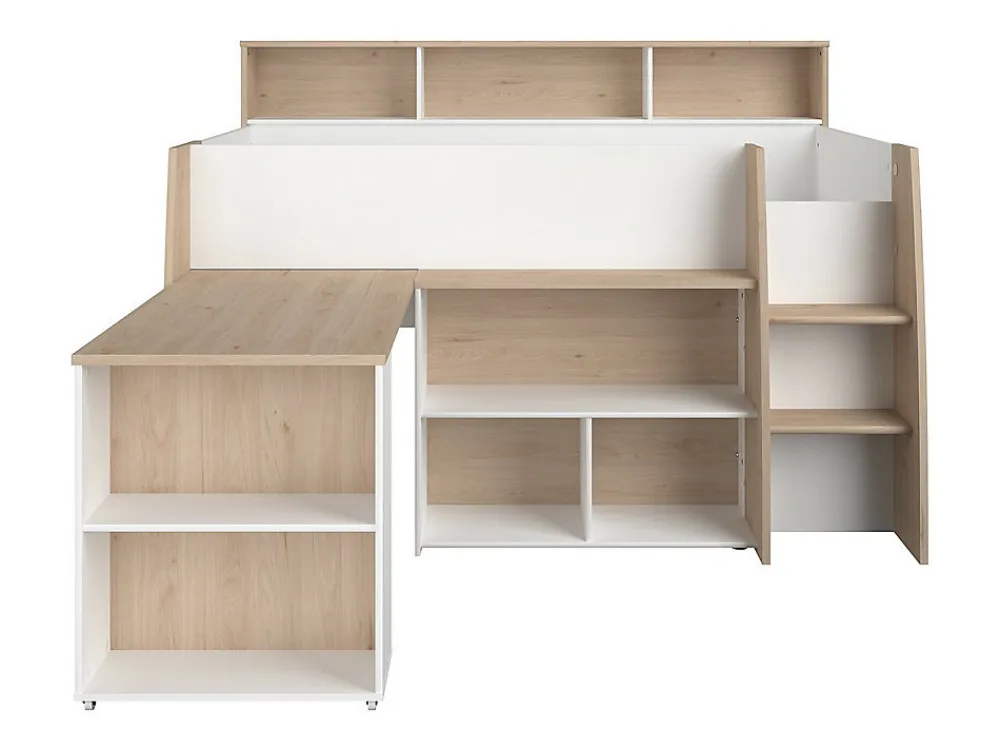 Lit combiné 90 x 200 cm avec bureau et rangements - Blanc et naturel + Matelas - APOLINO>Vente-unique Outlet