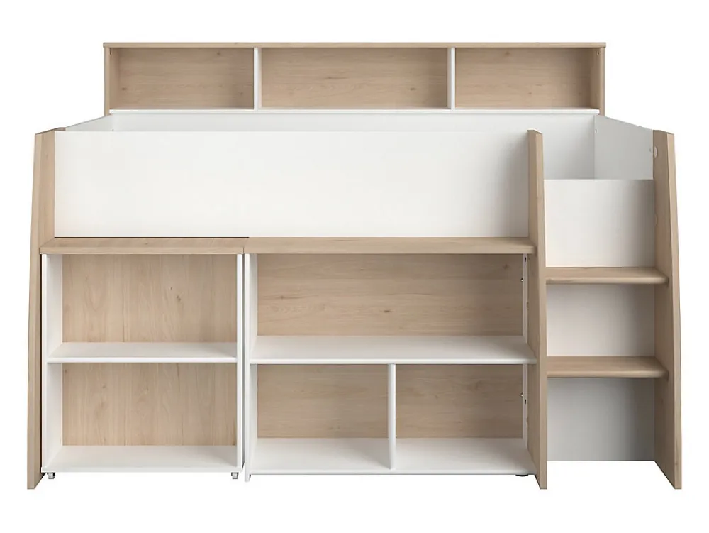 Lit combiné 90 x 200 cm avec bureau et rangements - Blanc et naturel + Matelas - APOLINO>Vente-unique Outlet