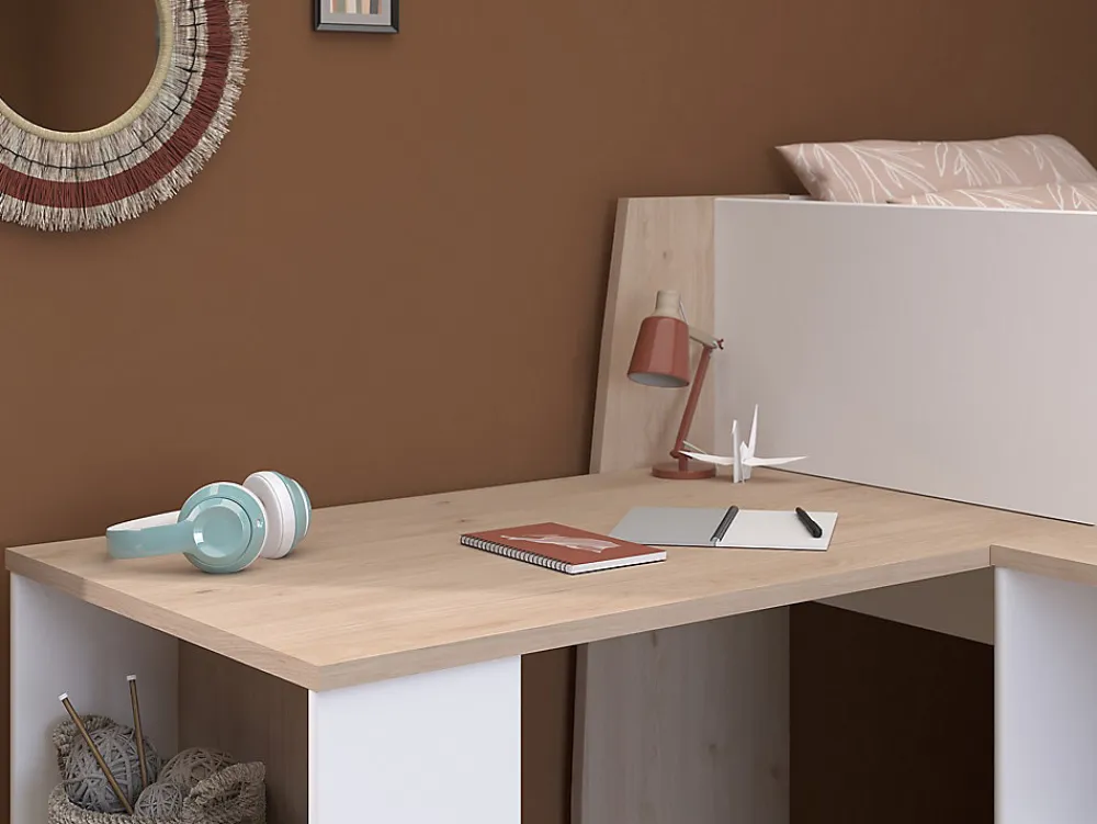 Lit combiné 90 x 200 cm avec bureau et rangements - Blanc et naturel + Matelas - APOLINO>Vente-unique Outlet