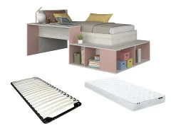 Lit combiné 90 x 200 cm avec rangements et bureau - Coloris : Naturel et rose + Sommier + Matelas - RIGALI>Vente-unique Outlet