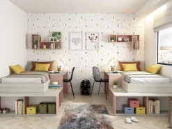 Lit combiné 90 x 200 cm avec rangements et bureau - Coloris : Naturel et rose + Sommier + Matelas - RIGALI><noscript><img width=