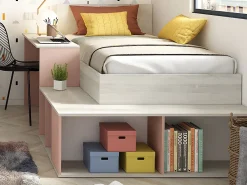 Lit combiné 90 x 200 cm avec rangements et bureau - Coloris : Naturel et rose + Sommier + Matelas - RIGALI><noscript><img width=
