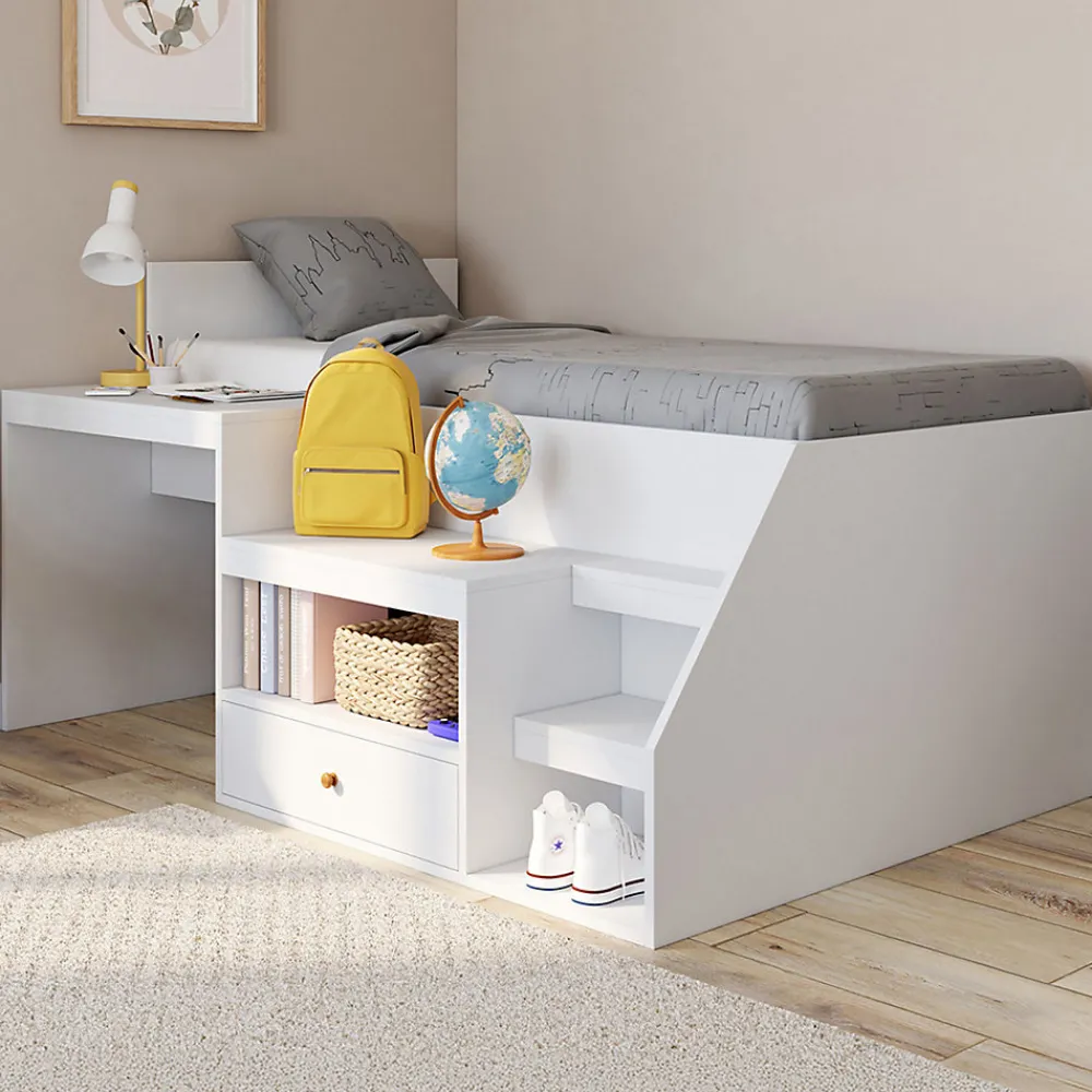Lit combiné avec sommier, bureau et rangement LEOPOLD 90 x 190 cm blanc>IDMarket Online