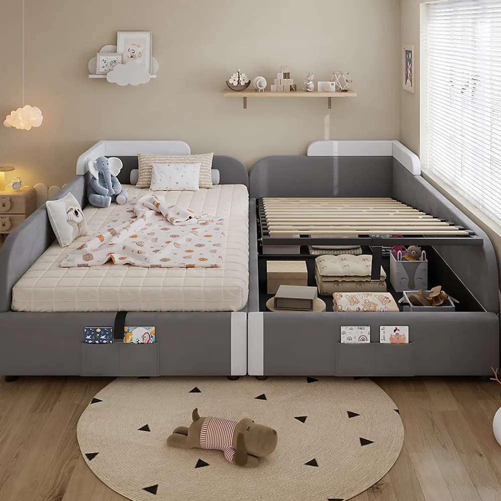 Lit combiné enfant 90x200 cm x2, hydraulique, sac rangement, contreplaqué - gris>Blackcolors Sale