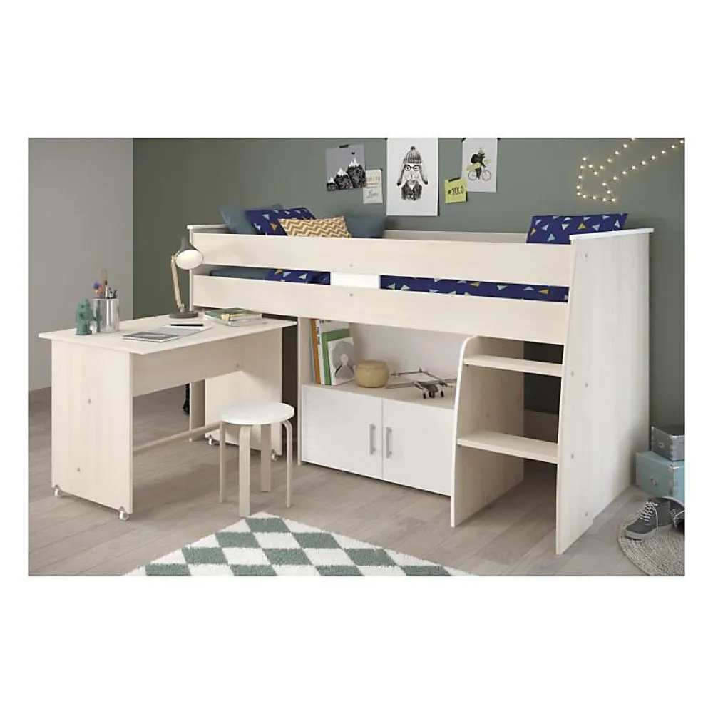 Parisot Lit combiné enfant ZOLA 90x200 cm - 2 portes - Avec bureau - Décor acacia clair et blanc - L 206,3 x H 110 x P 114/183 cm - PA*Enfant Lit Enfant