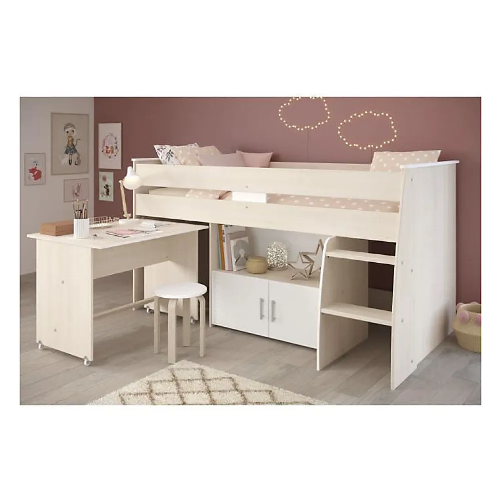Parisot Lit combiné enfant ZOLA 90x200 cm - 2 portes - Avec bureau - Décor acacia clair et blanc - L 206,3 x H 110 x P 114/183 cm - PA*Enfant Lit Enfant
