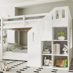 Lit Combiné 90x200 cm - Lit Superposé enfant avec Escaliers et Casier - Bois - Sans Matelas - Blanc>Okwish Clearance