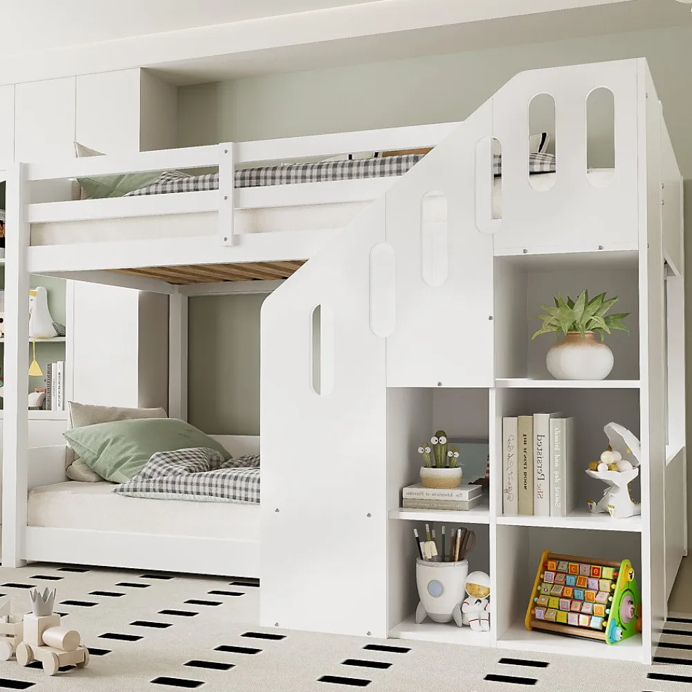 Lit Combiné 90x200 cm - Lit Superposé enfant avec Escaliers et Casier - Bois - Sans Matelas - Blanc>Okwish Clearance
