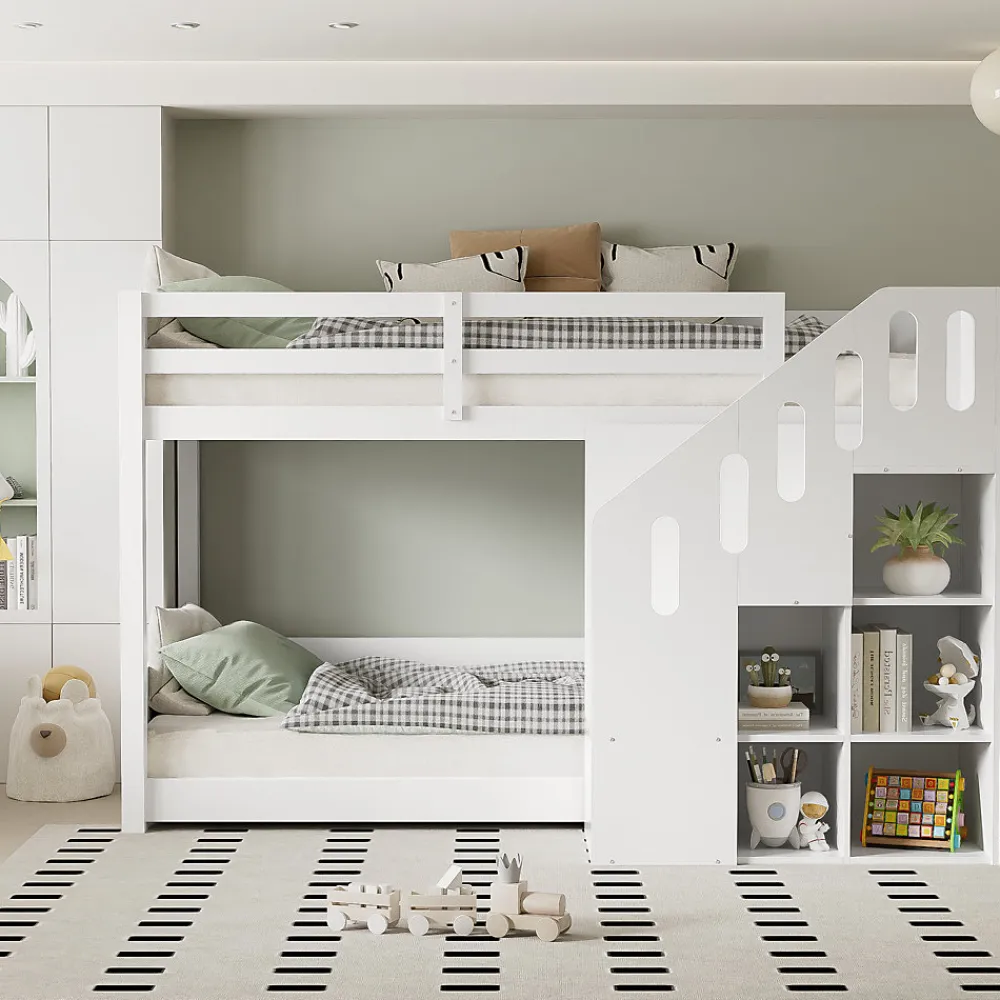 Lit Combiné 90x200 cm - Lit Superposé enfant avec Escaliers et Casier - Bois - Sans Matelas - Blanc>Okwish Clearance