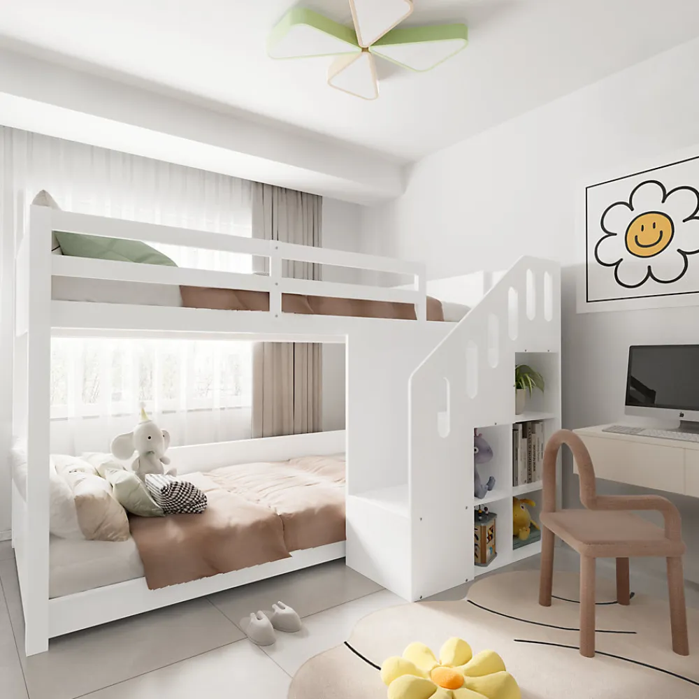 Lit Combiné 90x200 cm - Lit Superposé enfant avec Escaliers et Casier - Bois - Sans Matelas - Blanc>Okwish Clearance