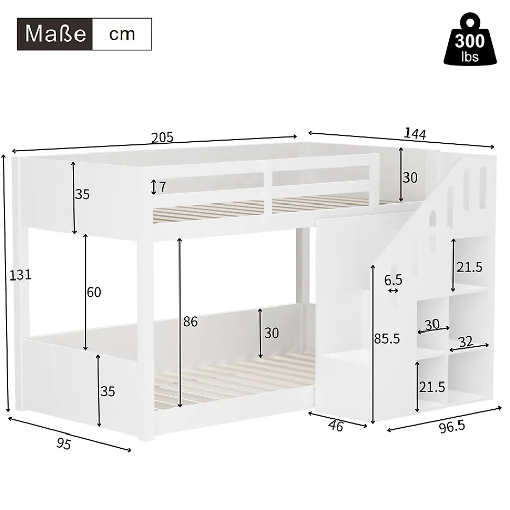 Lit Combiné 90x200 cm - Lit Superposé enfant avec Escaliers et Casier - Bois - Sans Matelas - Blanc>Okwish Clearance