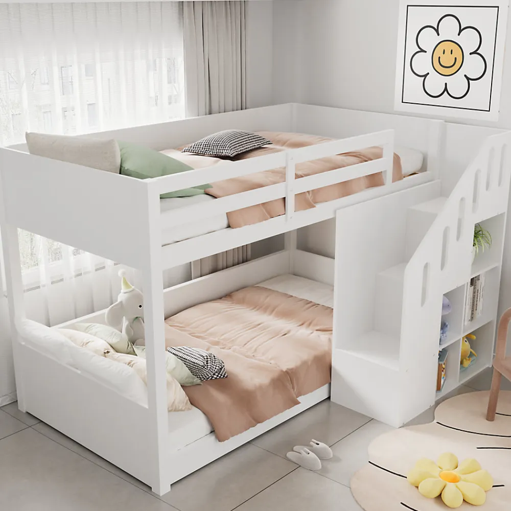 Lit Combiné 90x200 cm - Lit Superposé enfant avec Escaliers et Casier - Bois - Sans Matelas - Blanc>Okwish Clearance