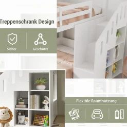 Lit Combiné 90x200 cm - Lit Superposé enfant avec Escaliers et Casier - Bois - Sans Matelas - Blanc><noscript><img width=