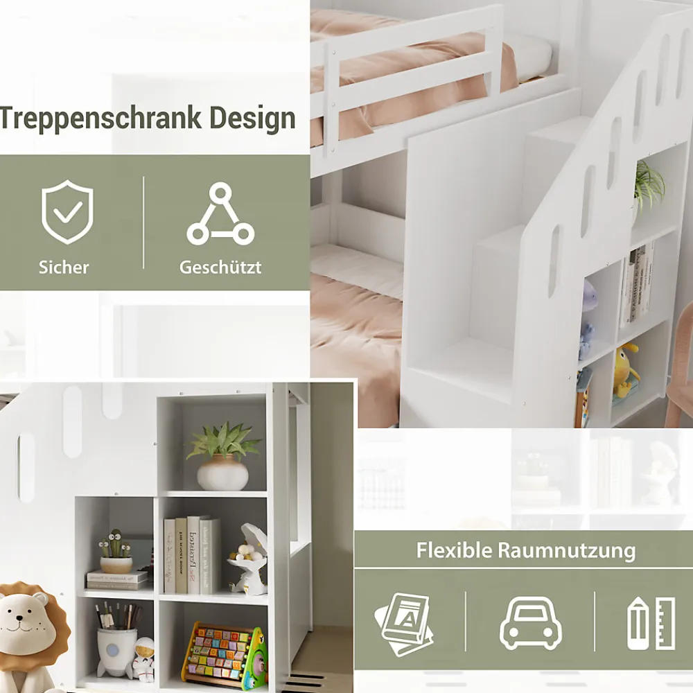 Lit Combiné 90x200 cm - Lit Superposé enfant avec Escaliers et Casier - Bois - Sans Matelas - Blanc>Okwish Clearance