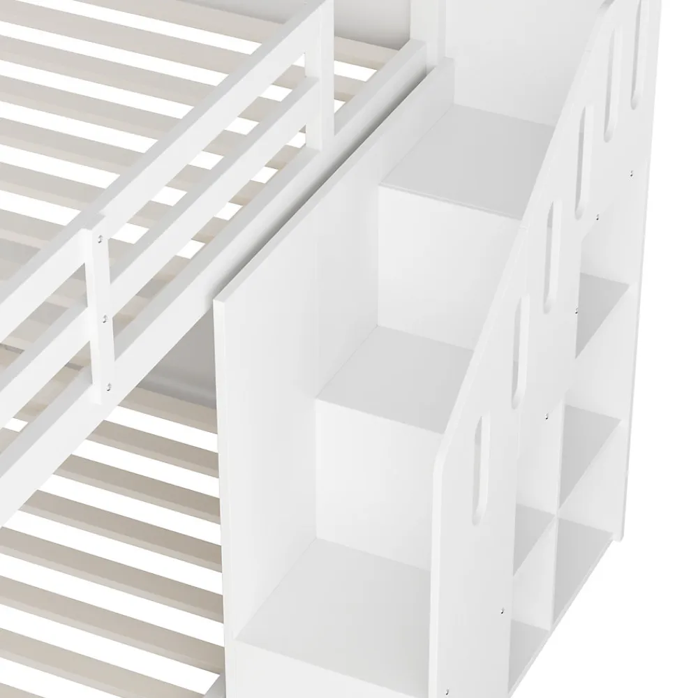 Lit Combiné 90x200 cm - Lit Superposé enfant avec Escaliers et Casier - Bois - Sans Matelas - Blanc>Okwish Clearance