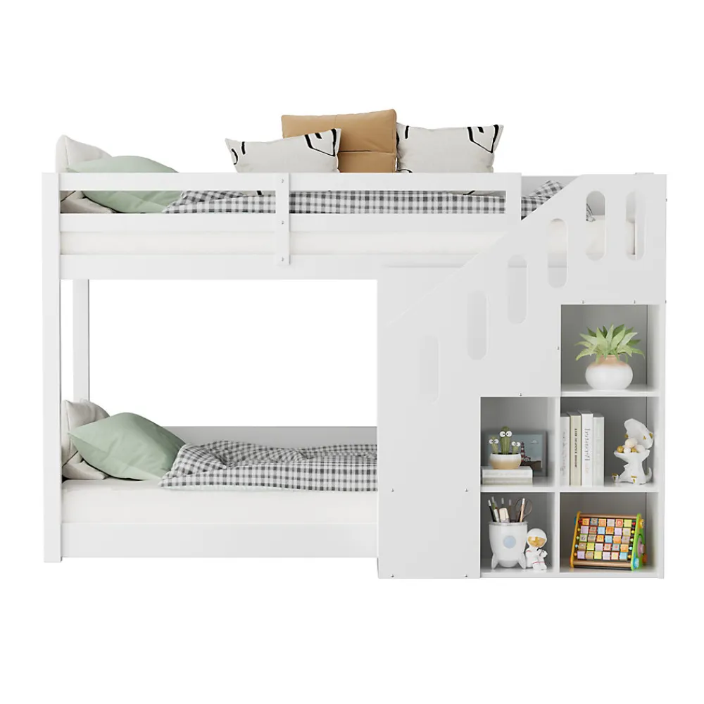 Lit Combiné 90x200 cm - Lit Superposé enfant avec Escaliers et Casier - Bois - Sans Matelas - Blanc>Okwish Clearance