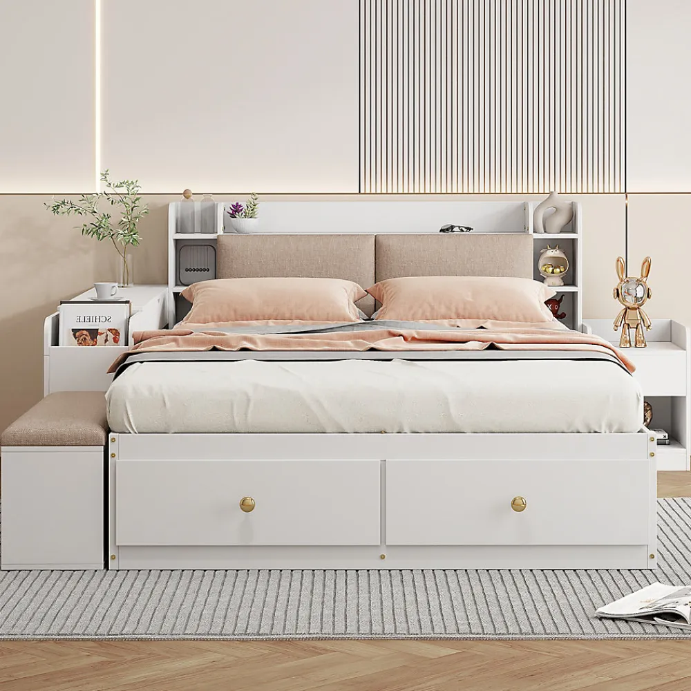 Redom Lit combiné 140x200 cm en bois massif avec tête de lit rangement tiroirs table de chevet armoire et banquette blanc* Lit Avec Rangement