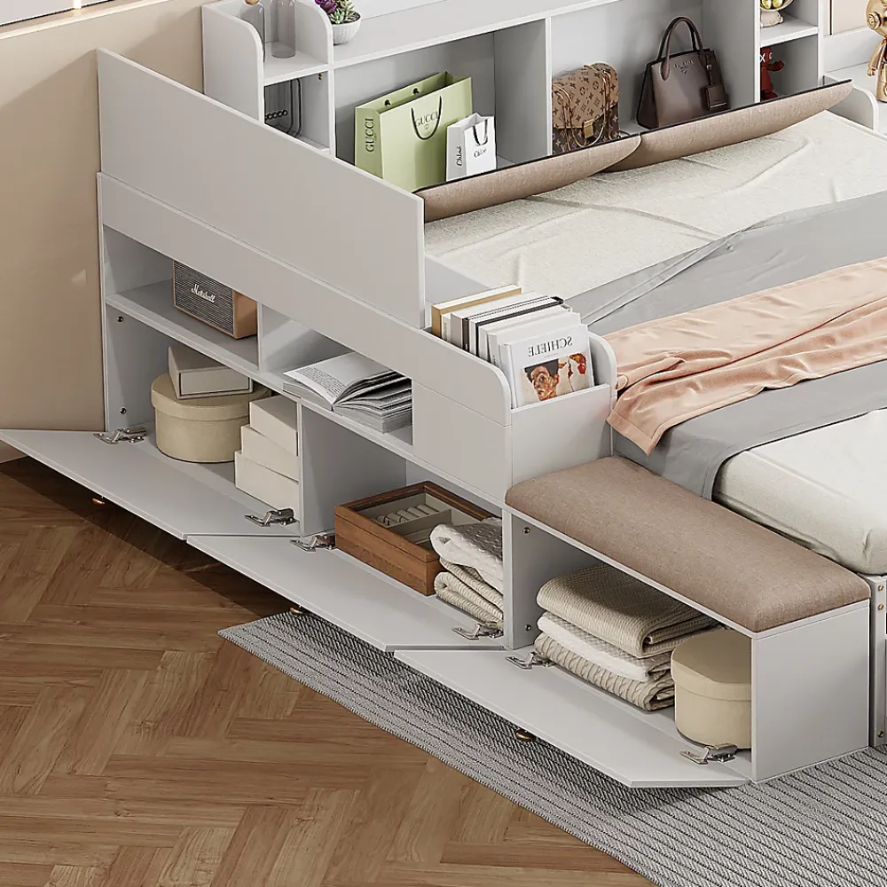 Redom Lit combiné 140x200 cm en bois massif avec tête de lit rangement tiroirs table de chevet armoire et banquette blanc* Lit Avec Rangement