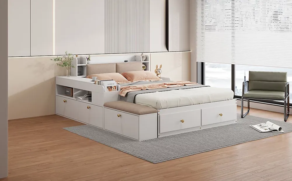 Redom Lit combiné 140x200 cm en bois massif avec tête de lit rangement tiroirs table de chevet armoire et banquette blanc* Lit Avec Rangement