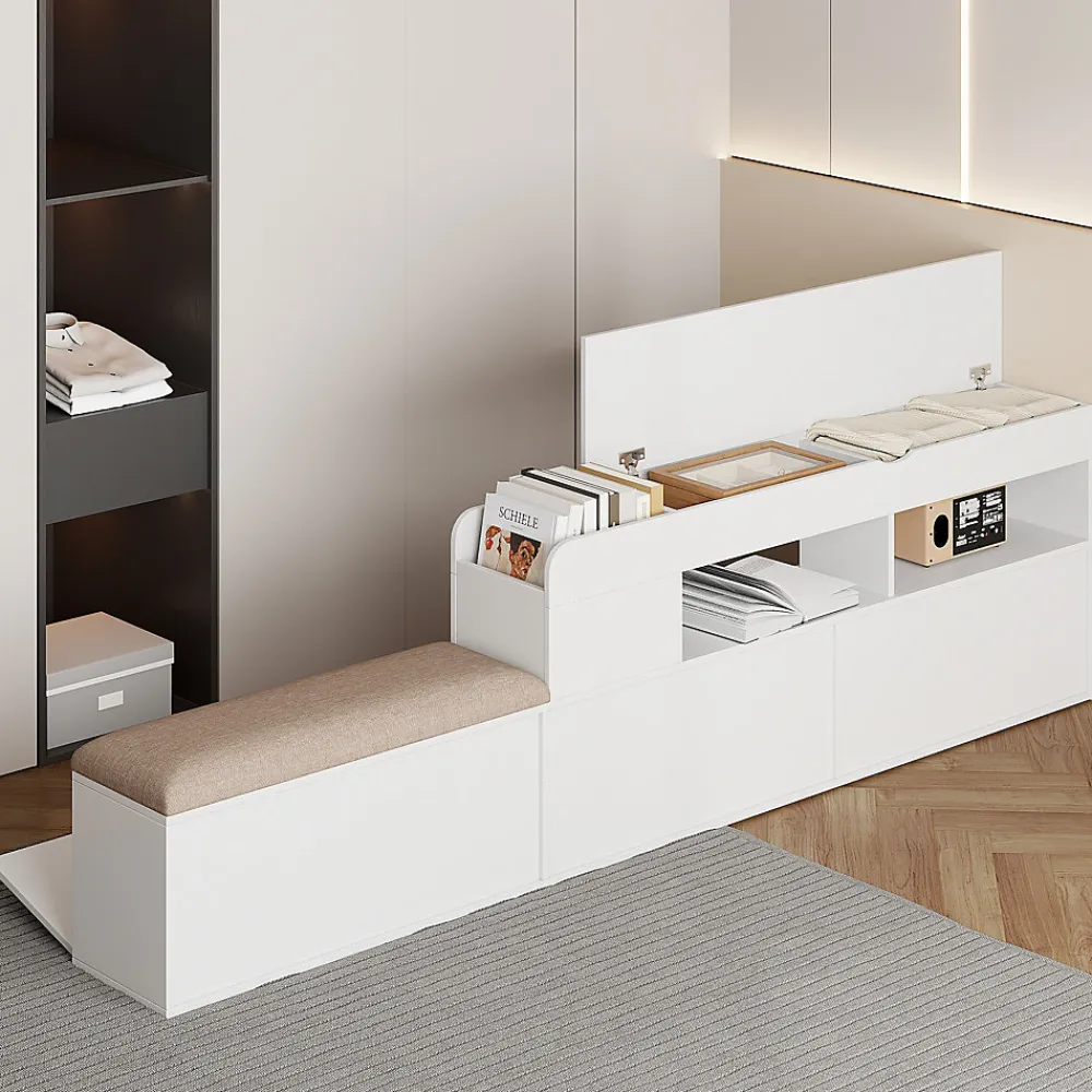 Redom Lit combiné 140x200 cm en bois massif avec tête de lit rangement tiroirs table de chevet armoire et banquette blanc* Lit Avec Rangement