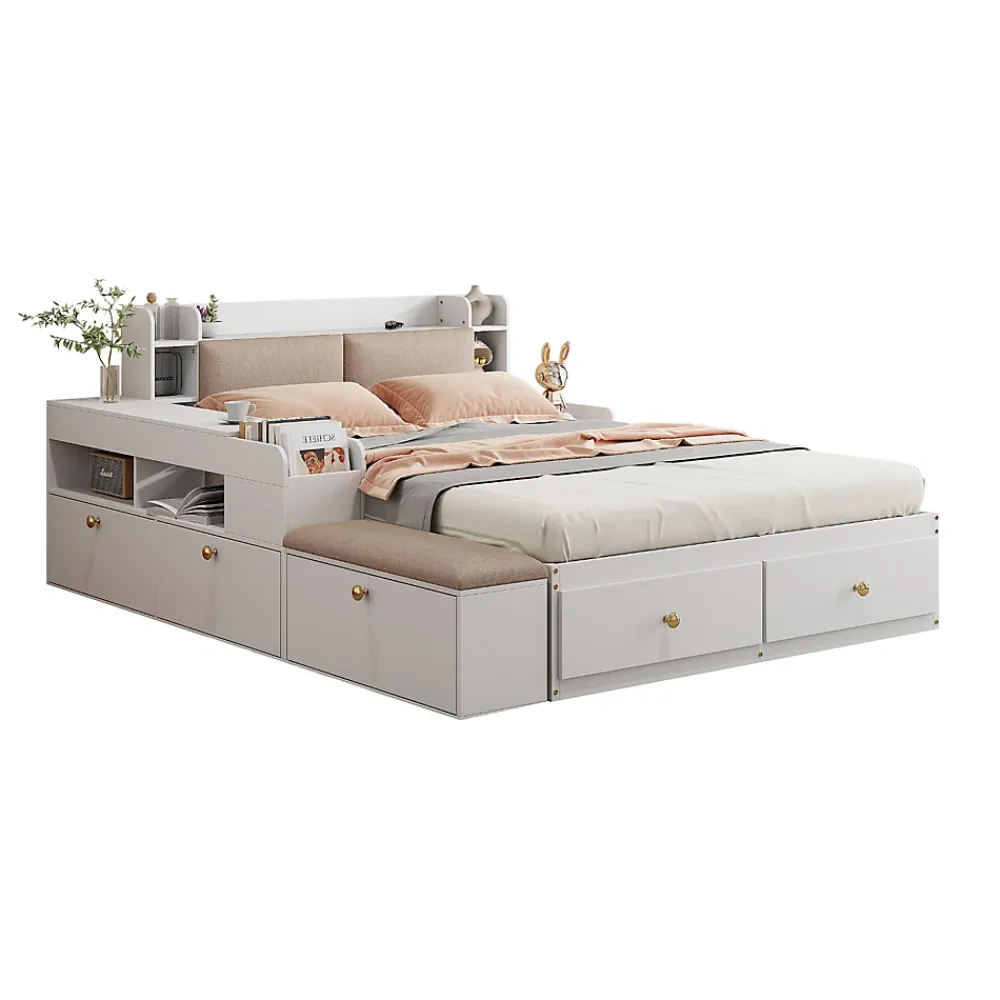 Redom Lit combiné 140x200 cm en bois massif avec tête de lit rangement tiroirs table de chevet armoire et banquette blanc* Lit Avec Rangement