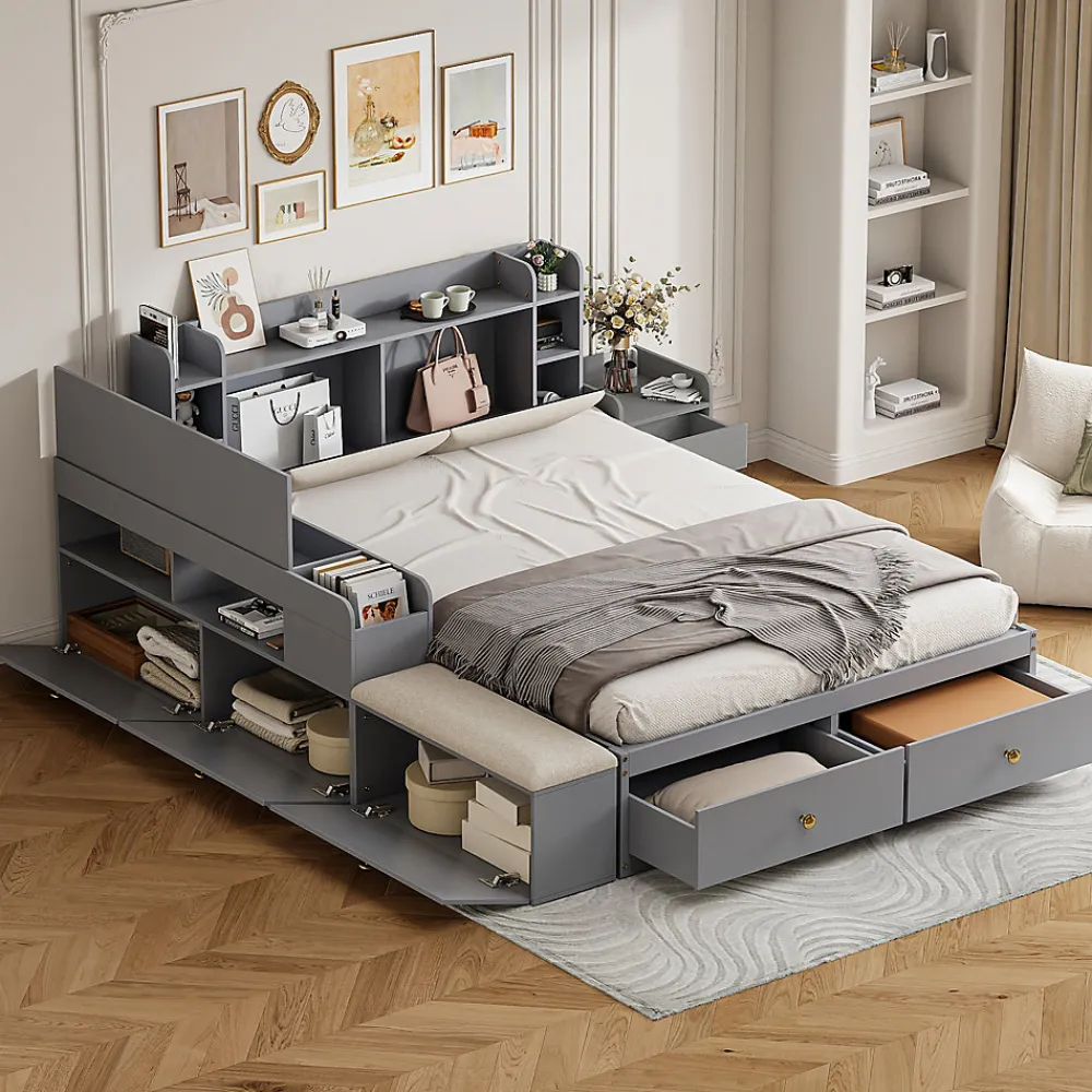 Lit combiné 140x200 cm en bois massif avec tête de lit rangement tiroirs table de chevet armoire et banquette gris>Redom
