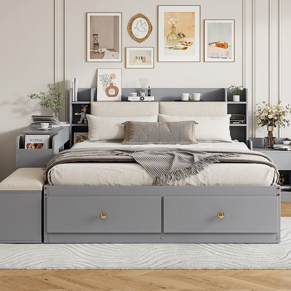 Lit combiné 140x200 cm en bois massif avec tête de lit rangement tiroirs table de chevet armoire et banquette gris>Redom