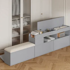 Lit combiné 140x200 cm en bois massif avec tête de lit rangement tiroirs table de chevet armoire et banquette gris><noscript><img width=